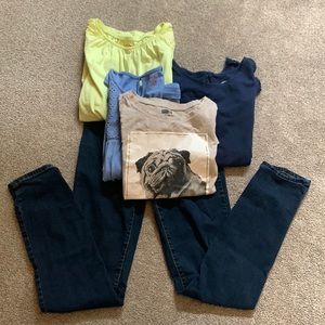 Girls bundle of 5: 1 pair of jeans, 4 short sleeve tops. All size XL (14/16)